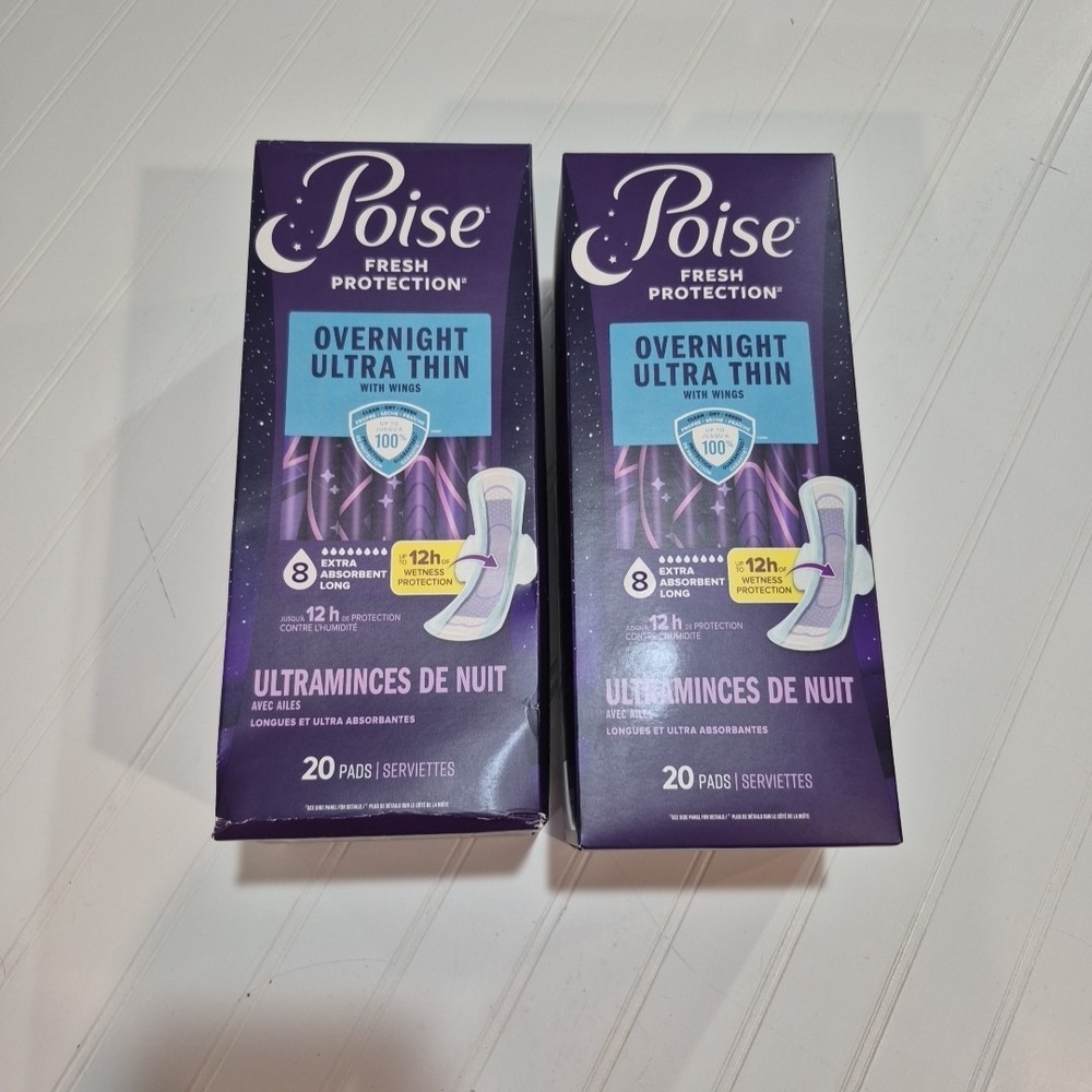 Poise Overnight Ultra Thin Pads with Wings #8 Extra Absorbent Long 40ct Lot Of 2